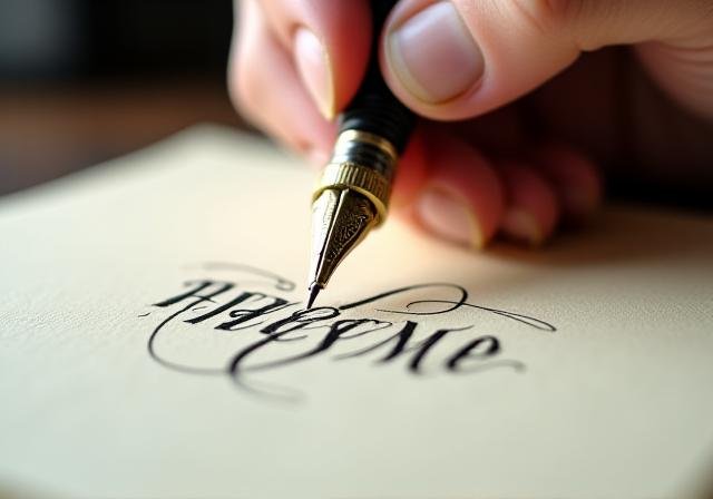Close up of professional calligraphy artist at work on a brand logo